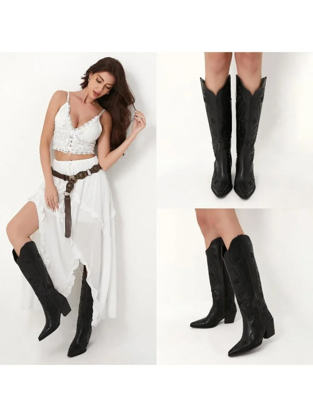 Women's Black pu Knee High Floral Embroidered Vintage Cowgirl Boots